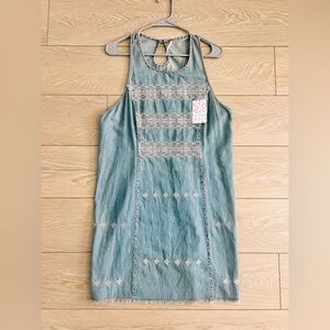 Free people boho embroidered chambray racerback dress NWT size large